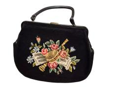 MID CENTURY VIOLIN FLOWERS NEEDLEPOINT BLACK LEATHER HANDBAG - 4557703
