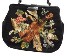 MID CENTURY VIOLIN FLOWERS NEEDLEPOINT BLACK LEATHER HANDBAG - 4557705