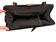 MID CENTURY VIOLIN FLOWERS NEEDLEPOINT BLACK LEATHER HANDBAG - 4557707