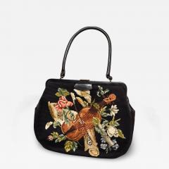 MID CENTURY VIOLIN FLOWERS NEEDLEPOINT BLACK LEATHER HANDBAG - 4559047