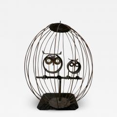 MIXED METALS BRUTALIST OWLS IN CAGE SCULPTURE - 3018700