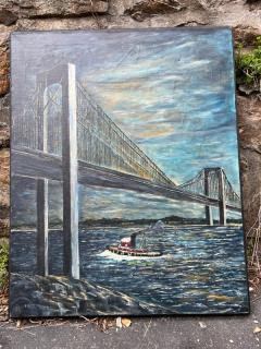 MODERN BRIDGE AND TUG BOAT PAINTING - 2492659