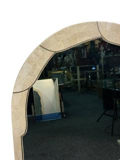 MODERN CURVED TESSELLATED TAUPE CREAM MARBLE INLAID BRASS MIRRORS - 4523978