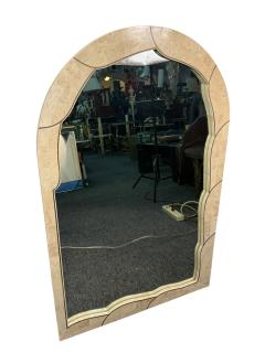 MODERN CURVED TESSELLATED TAUPE CREAM MARBLE INLAID BRASS MIRRORS - 4523980