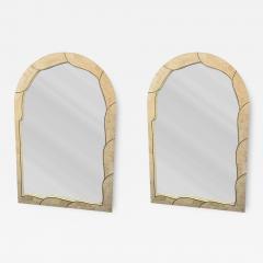 MODERN CURVED TESSELLATED TAUPE CREAM MARBLE INLAID BRASS MIRRORS - 4527706