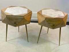 MODERN ITALIAN PAIR OF MULTI FACETED HEXAGONAL WOOD AND MARBLE TRIPOD TABLES - 1794021