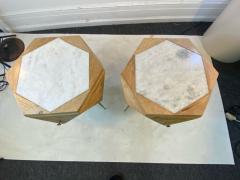 MODERN ITALIAN PAIR OF MULTI FACETED HEXAGONAL WOOD AND MARBLE TRIPOD TABLES - 1794023
