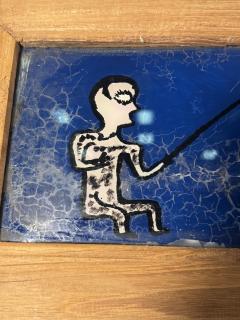 MODERN PAIR OF REVERSE PAINTINGS ON GLASS MAN FISHING - 4691249
