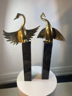 MODERNIST BRASS EXOTIC BIRDS ON MARBLE PEDESTAL SCULPTURES - 1851484