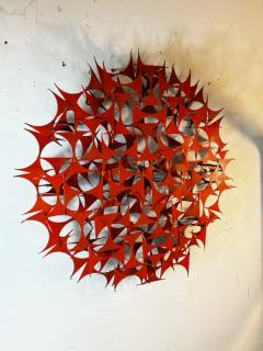 MODERNIST CIRCULAR POP ORANGE ENAMEL BRUTALIST WALL SCULPTURE - 2822612