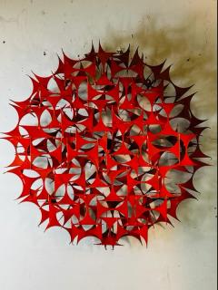 MODERNIST CIRCULAR POP ORANGE ENAMEL BRUTALIST WALL SCULPTURE - 2822626