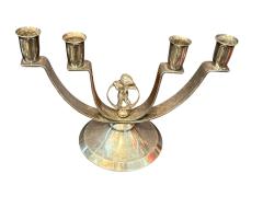 MODERNIST PAIR OF ART DECO SILVERED CANDELABRA WITH STYLIZED CHERUB IN RING - 4607996