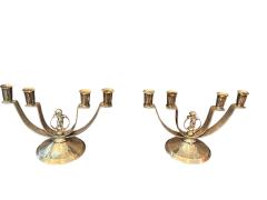 MODERNIST PAIR OF ART DECO SILVERED CANDELABRA WITH STYLIZED CHERUB IN RING - 4608026