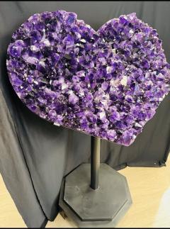 MONUMENTAL AMETHYST POINT FLUORITE AND CALCITE HEART SCULPTURE ON CUSTOM STAND - 4027480