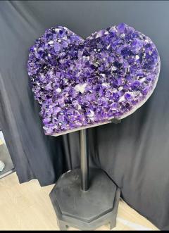 MONUMENTAL AMETHYST POINT FLUORITE AND CALCITE HEART SCULPTURE ON CUSTOM STAND - 4027481