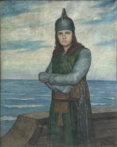 MONUMENTAL ANTIQUE PORTRAIT OF A KNIGHT ON A SHIP AT SEA SIGNED DATED 1925 - 4584322
