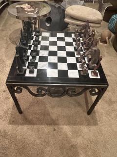 MONUMENTAL BRUTALIST HANDFORGED METAL CHESS PIECES MARBLE IRON CHESS TABLE - 3731315