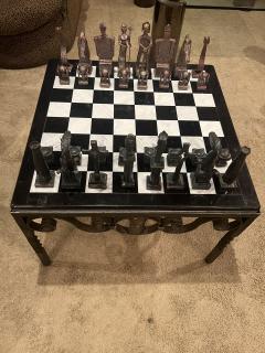 MONUMENTAL BRUTALIST HANDFORGED METAL CHESS PIECES MARBLE IRON CHESS TABLE - 3731317