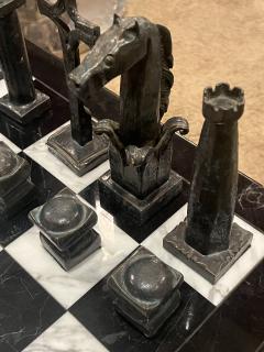 MONUMENTAL BRUTALIST HANDFORGED METAL CHESS PIECES MARBLE IRON CHESS TABLE - 3731321