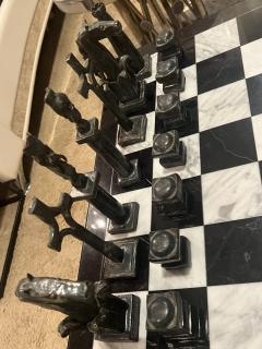 MONUMENTAL BRUTALIST HANDFORGED METAL CHESS PIECES MARBLE IRON CHESS TABLE - 3731323