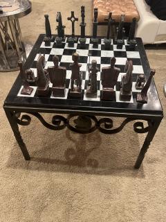 MONUMENTAL BRUTALIST HANDFORGED METAL CHESS PIECES MARBLE IRON CHESS TABLE - 3731325