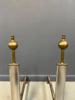 Machine Age Polished Steel and Brass Andirons Early 20th Century - 4206756
