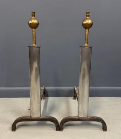 Machine Age Polished Steel and Brass Andirons Early 20th Century - 4206765