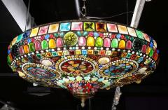 Magnificent Stained Tiffany Leaded Glass Ceiling Chandelier Mount circa 1960 - 936458