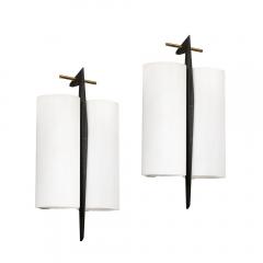 Maison Arlus Pair of Mid Century Frosted Glass Brass Black Enamel Sconces by Maison Arlus - 4142220