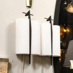 Maison Arlus Pair of Mid Century Frosted Glass Brass Black Enamel Sconces by Maison Arlus - 4142225