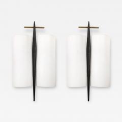 Maison Arlus Pair of Mid Century Frosted Glass Brass Black Enamel Sconces by Maison Arlus - 4143406
