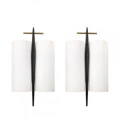 Maison Arlus Pair of Mid Century Frosted Glass Brass Black Enamel Sconces by Maison Arlus - 4233428