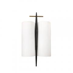 Maison Arlus Set of 3 Mid Century Frosted Glass Brass Black Enamel Sconces by Maison Arlus - 4142212