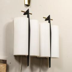 Maison Arlus Set of 3 Mid Century Frosted Glass Brass Black Enamel Sconces by Maison Arlus - 4142213