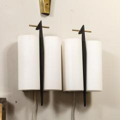 Maison Arlus Set of 3 Mid Century Frosted Glass Brass Black Enamel Sconces by Maison Arlus - 4142216