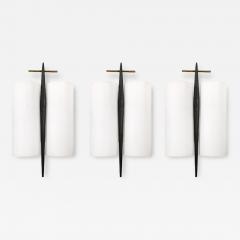 Maison Arlus Set of 3 Mid Century Frosted Glass Brass Black Enamel Sconces by Maison Arlus - 4143405