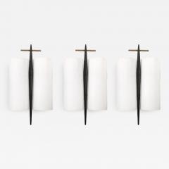 Maison Arlus Set of 3 Mid Century Frosted Glass Brass Black Enamel Sconces by Maison Arlus - 4236160