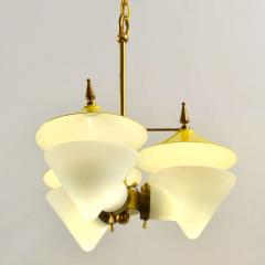 Maison Arlus Three Arm Chandelier Yellow Metal Opaline Glass Cones and Brass 1950 - 3269551