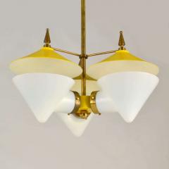 Maison Arlus Three Arm Chandelier Yellow Metal Opaline Glass Cones and Brass 1950 - 3269572