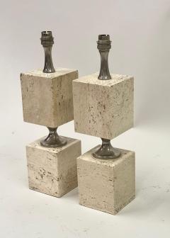 Maison Barbier Pair French Mid Century Travertine NIckel Table Lamps by Maison Barbier 1970 - 4214665