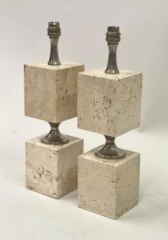 Maison Barbier Pair French Mid Century Travertine NIckel Table Lamps by Maison Barbier 1970 - 4214672