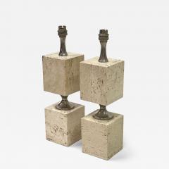 Maison Barbier Pair French Mid Century Travertine NIckel Table Lamps by Maison Barbier 1970 - 4217283