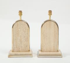 Maison Barbier Pair of travertine and gilt metal table lamps Belgium 1970s - 1740029