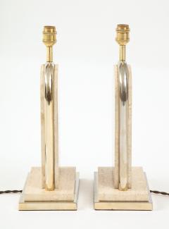 Maison Barbier Pair of travertine and gilt metal table lamps Belgium 1970s - 1740037