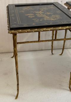 Maison Charles 1970 Pair of Bronze End Tables Maison Charles Double Sided Chinese Lacquer - 4301828