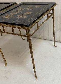 Maison Charles 1970 Pair of Bronze End Tables Maison Charles Double Sided Chinese Lacquer - 4301829
