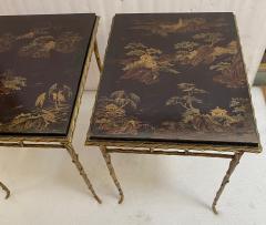 Maison Charles 1970 Pair of Bronze End Tables Maison Charles Double Sided Chinese Lacquer - 4301832