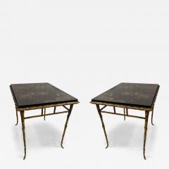 Maison Charles 1970 Pair of Bronze End Tables Maison Charles Double Sided Chinese Lacquer - 4305571