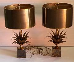 Maison Charles 1970 Set of 4 Bronze Lamps with Lotus Flower Decor Signed Charles - 4317294