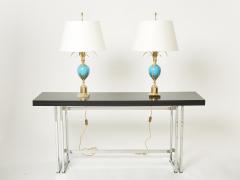 Maison Charles Maison Charles pair of brass lamps blue opaline ostrich egg 1970s - 2267904